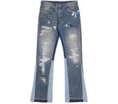 Puffer Jacket Mens Blue Washed Destroyed Flared Jeans Pants Hip Hop Graffiti Ripped Jeans for Men Women Streetwear Vintage Patchwork Wide Jeans