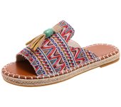 Famoso estilo borla plana zapatillas mujer bohemio graffiti dedo del pie abierto suave sandalias de playa