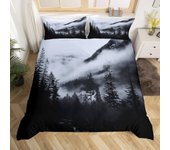 3PCS Quilt Cover Smoky Mountain Bedding Forest Duvet Cover King Grey Tree Comforter Cover Mountain with Forest Retro Print Decorative Bedding Set