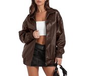 PU Leather Jacket Long Sleeved Lapel Zipper Side Pocket Casual Trench Coat for Women