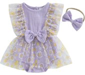 Baby Girls Rompers Dress Round Neck Daisy Print Mesh Skirt Hem Infant Bodysuits Jumpsuits with Headband