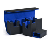 Card Storage Box with Dice Tray, 4 in 1 Card Deck Case Holds 300+ Cards, Magnetic Card Organizer Black+Blue