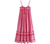 Women's embroidered knitted sleeveless long dress, with thin straps, pleats, square neck, A-line, beach, summer