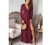 Deep V-neck long sleeved with pleats high waisted slit club party evening dress solid color dress