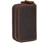 Double Zipper Crazy Horse Leather Card Case Top Cowhide Coin Purse Car Key Keychain Holder with Hand Strap Clutch Bag
