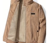 Warm Fleece Corduroy Jacket, Vintage Style Stand Collar Stretch Jacket Coat For Fall Winter