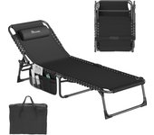 Tumbona Plegable Playa 190x60x31cm, Tumbonas Jardin Exterior 4 Posiciones Ajustables, Tumbonas Piscina con Reposacabezas y Bolsillo Lateral Carga de 300lbs para Jardín, Playa, Camping, Negro
