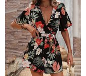 Bohemian ral Print Jumpsuits For Women Summer Short Sleeve Wide Legs One Pieces   Beach Wear Casual Outfit