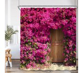 Shower Curtain Green Vines Brick Wall Pink Flowers European Garden Arch Door Bathroom Decorations Vintage Bath Curtain with Hook