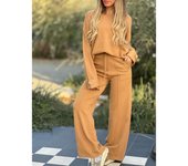 New Fashion Casual For Women, Solid Color Sleeve Set, Wide Leg Long Pants, Two Piece Set