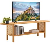 Mueble TV 2 Niveles 140cm，Muebles TV Salon con Rattan Mueble Bambú, Mesa TV Soporte para Centro de Entretenimiento, Natural-B