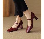 Soft  Red  Heels  Spring Autumn New French Style Chunky Heel Mary Jane Women's Single Shoes