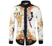 Insignia nacional de los hombres camisa estilo étnico, Slim Fit Classic Tops, manga larga, cuello alto, ropa casual, vestido