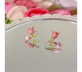 Female Pink CZ Crystal Tulip Bull Nut Simple Korean Design Earrings, Christmas Gift for Friends