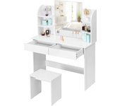 Tocador de Maquillaje con Taburete y Espejo, Tocadores Brillante, Mesa de Maquillaje con 2 Cajones y 4 Estantes, 108x40x142cm, Blanco MB6044ws