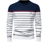 nuevo jersey de algodón con cuello redondo para hombre, suéter informal a rayas para otoño e invierno, suéteres tejidos de alta calidad para hombre