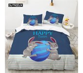 Easter Egg Duvet Cover Set Queen Microfiber Blue Egg Cute Rabbit Bedding Set for Boy Girl Cartoon Style Easter Theme Quilt Cover