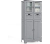 Armario Suelo de Baño, Mueble de Baño con Estantes Ajustable, Mueble de Almacenaje con Cajones y Doble Puerta, Mueble Lateral Multifuncional para Cocina (Gris)