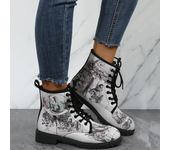 Women's Fashion Gothic Style Print Ankle Boots Chunky Low Heel Lace Up Shoes Round Toe Combat Boots