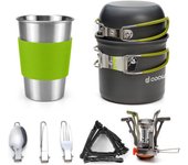Juego de sartenes para camping, 10 utensilios de cocina de acampada, de aluminio duradero, camping y utensilios completos con estufa de camping portátil ultraligero para camping, senderismo,