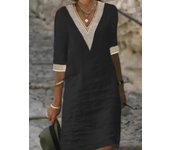 A brand new elegant cotton or mid sleeved dress, V-neck, women's autumn solid color