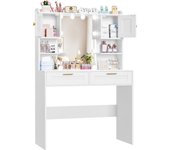 Tocador de Maquillaje con HD Espejo y 10 Bombillas, 3 Colores con Brillo Ajustable, Mesa de Tocador con 2 Cajones y 2 Armarios,Compartimentos Abiertos, tocador de Dormitorio, Moderno, Blanco