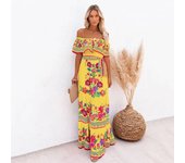 2025 primavera y verano nuevos vestidos de las mujeres, un hombro, impreso vestidos largos swing grande