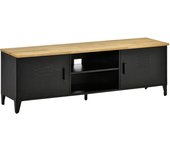 HOMCOM Mueble de TV Mueble de TV para TV de 55'' con 2 Armarios Patas Regulables Estructura de Metal Negro Tablero de Madera Natural 150 x 40 x 50 cm