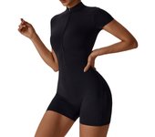 European and American nude one-piece yoga suit with stand up collar, half zipper, short sleeved fitness jumpsuit, tight fitting