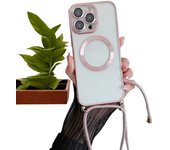 Electroplated transparent magnetic Magsafe wireless charging case suitable for iPhone 15, 14, 11, 12, 13 Pro Max  necklace case