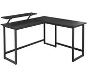 Escritorio con soporte de monitor, en forma de L, ideal para oficina, estudio y juegos, pies ajustables, marco de metal, montaje fácil, disponible en marrón rústico o negro