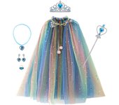 Girl Princess Costume Kids Party Accessories Cloak Crown Wand Necklace Earrings Rings Set Elsa Anna Rapunzel Aurora Tulle Cape