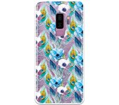 Funda compatible con Samsung Galaxy S9 Plus - Patron flores y plumas azules