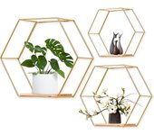 Juego de 3 estantes de pared hexagonales, estantes colgantes, estantes flotantes de metal y madera, organizador de almacenamiento de pared para estante de cocina