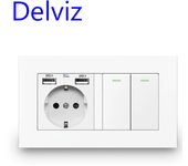 Delviz EU Standard Switch Outlet, 16A Light Switch,2 Gang 1 Way / 2 Way, White Double frame Panel,Wall Embedded USB Power Socket