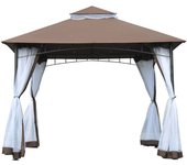 Outsunny Cenador de Jardín 3x3m Pabellón con Doble Techo y Mosquiteras Laterales con Cremallera Buena Ventilación para Terraza Eventos Fiestas Bodas Marrón y Blanco