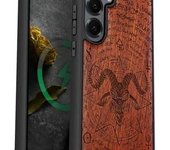 Funda magnética de madera para Galaxy S25+ y Samsung S25 Plus, carcasa de TPU a prueba de golpes con grabado de madera, compatible con cargadores inalámbricos MagSafe (cabra con cuernos) en madera negra.