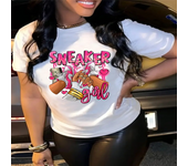 Sneaker & Letter Print Summer T-shirt, Cute Short Sleeve Crew Neck Top, Women's Clothing