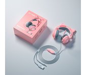 Auriculares con Micrófono y Luz RGB Rosa para Gamer de BLUEKAKA HiFi Estéreo PC Cableados Control de Volumen No cancelación de Ruido para Adultos