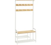 VASAGLE Perchero con Zapatero, Mueble Recibidor con 9 Ganchos Extraíbles, Banco, Estante, 30 x 85 x 180,5 cm, Pasillo Dormitorio Apartamento, Industrial, Marrón Rústico y Negro/Roble y Blanco