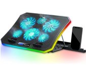 TopMate C12 Base Refrigeradora Portatil Gaming RGB para Registro y Regazo, Refrigeración para Portátiles de 15,6-17,3 ", 8 Alturas Ajustables with 6 Ventiladores y Soporte Teléfono-Luz LED Azul Hielo