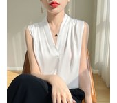 Womens Tops Blouses Solid Color White Satin Blouse Office Shirt Blusas Sleeveless Women Shirts Black White Female YTM A31