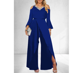 Women's L-3XL Plus Size Spring/summer Split Sequin Solid V-neck Jumpsuit Wide Leg Pants Elegant Loose Flared Sleeves Jumpsuit
