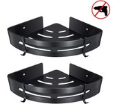 Estante de esquina para baño, estante de ducha sin perforaciones, de aluminio, adhesivos, cesta de almacenamiento para ducha, champú, jabón, toalla, con ganchos (triángulo, negro, 2 piezas)