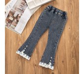 Girls' Jeans Spring and Autumn New Casual 3-12 Year Old Children's Loose Flare Pants Lace Pearl Girls' Denim Pants