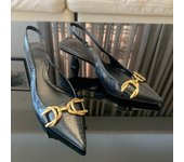 2024 Black Pumps Elegant Women High Heels Metallic Leather High-heeled Stiletto Heel Pointed Toe Slingback Summer Ladies Shoes