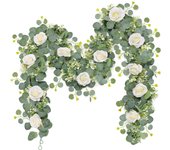 2 Piezas Guirnalda de Rosas Artificiales Flores 2m Guirnalda de Eucalipto Rosas Blancas Falsas Colgante Artificial Vid de Seda Plantas para Decoración Boda Jardín Balcón Exterior Interior