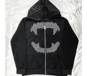 Y2k Hoodies Goth Hip Hop Rhinestone Teeth Spider Web 26 Letter Crown Full Zipper Black Oversized Jacket Sweatshirts