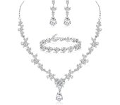 Conjunto de joyas con Aretes, collar y pulsera de Diamantes de imitación para Novia, Dama de Honor, Boda, graduación, Fiesta de disfraces, joyería de Plata-A