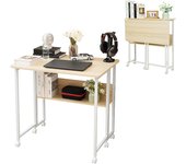 Mesa Plegable Pequeña, Escritorio Plegable con Ruedas, 80 CM Mesa Escritorio Plegable Ordenador con Estante de Almacenamiento para Estudio, Casa Oficina, Espacios Pequeños